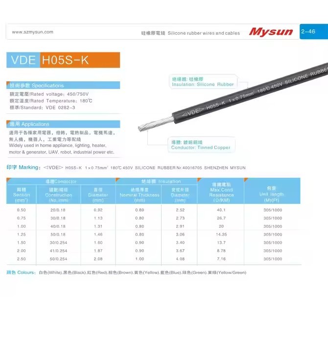 VDE H05S-K 0.5mm-2.5mm Silicone rubber wires 300/500V 180C for home appliance lighting industrial po / 3