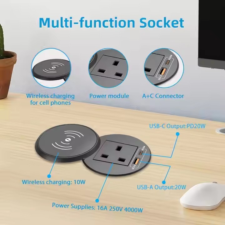 UK/EU Desk Power Grommet Socket with Wireless Charging and PD20W USB-C for Office Home Recessed Powe / 2