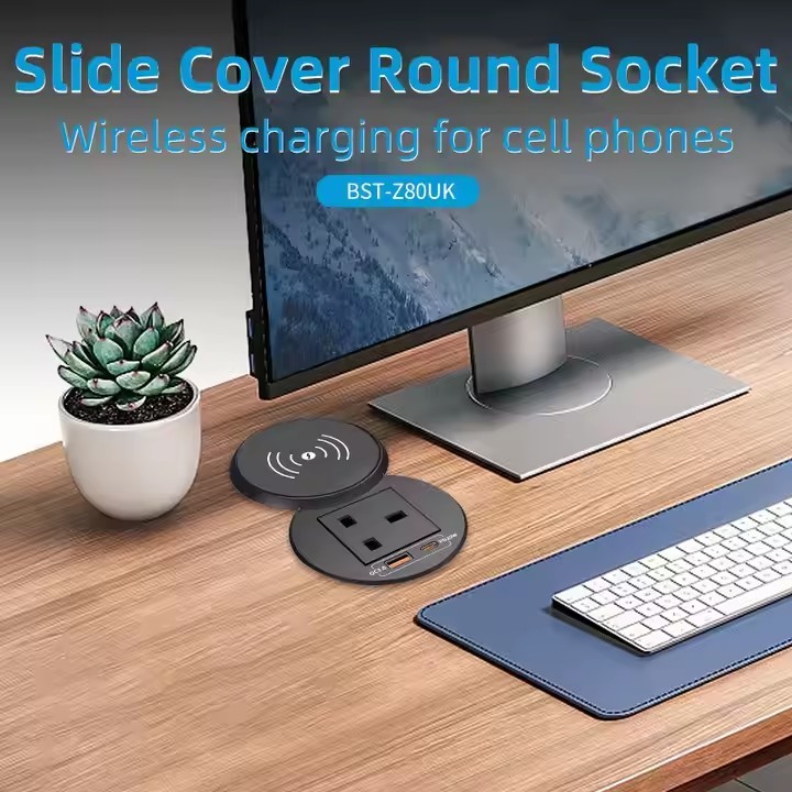 UK/EU Desk Power Grommet Socket with Wireless Charging and PD20W USB-C for Office Home Recessed Powe / 1