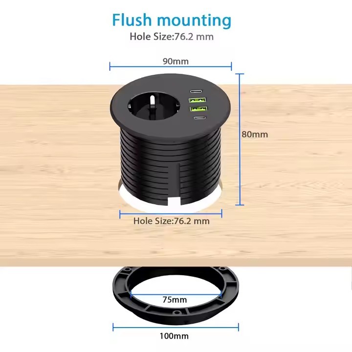 3 Inch EU Built-in Socket with PD65W USB-C Charge Recessed Desk and Sofa Round Outlet Desk Power Gro / 1