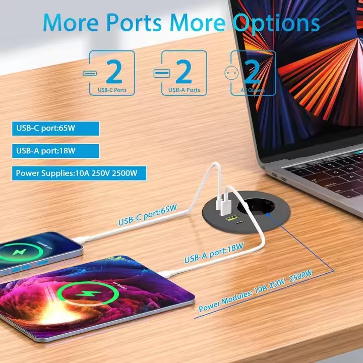3 Inch EU Built-in Socket with PD65W USB-C Charge Recessed Desk and Sofa Round Outlet Desk Power Gro / 3