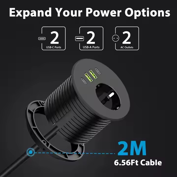 3 Inch EU Built-in Socket with PD65W USB-C Charge Recessed Desk and Sofa Round Outlet Desk Power Gro / 4