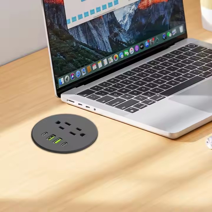 3 Inch UK/EU/US Desktop Power Grommet with 2 65W Type-C Round Recessed Desk Hole Grommet Outlet / 1