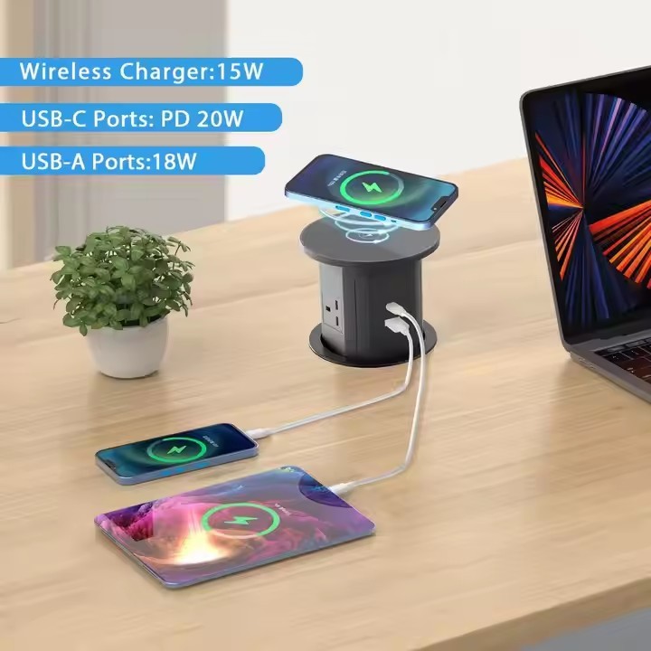 UK/EU Plug Hidden Pop Up Kitchen Power Socket with PD20W Type-C Top 15W Wireless Charging Desk Outle / 2