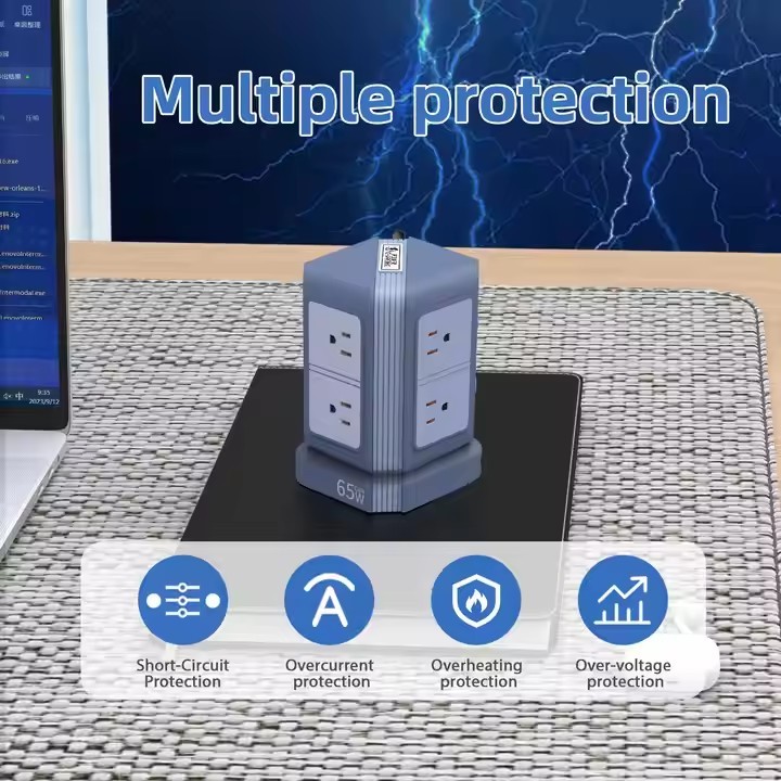 New Style 65W Desktop Extension Tower Socket 8 Way Outlet Surge Protector Vertical Power Strip with  / 2